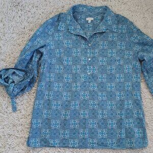 Talbots Women's Blue Tile Print Cotton Shirt M Long Sleeve Button Front Top